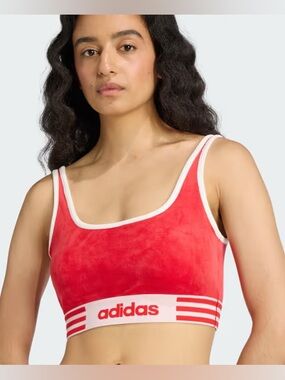 adidas Red and  White Velvet Logo Winterized Crop Top Sports Bra